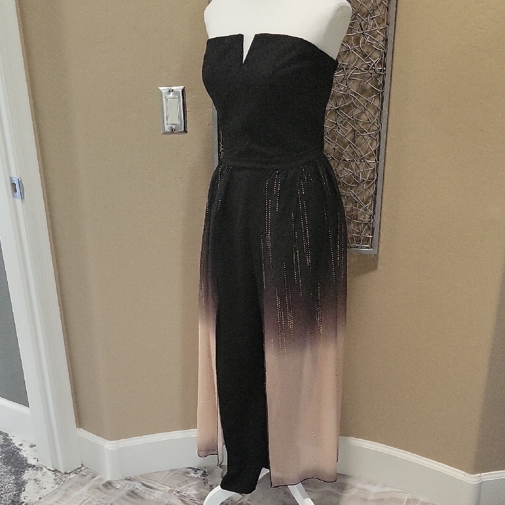 VENUS Strapless Ombre Black and Tan Jumpsuit With Pants And Sheer Skirt - Picture 2 of 6